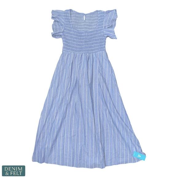 Cupshe Blue Pinstriped Smocked Maxi Beach Dress Ruffle Cap Sleeve Size Large NEW - Picture 6 of 13